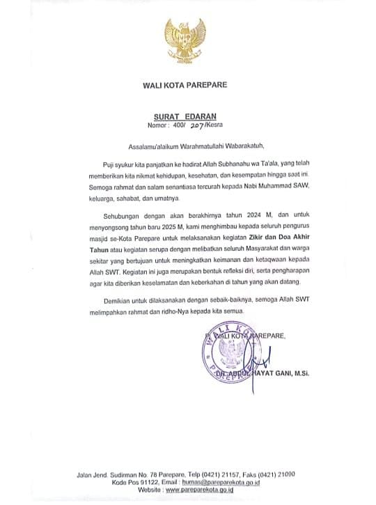 Sambut Tahun Baru 2025, Pemkot Parepare Imbau Pengurus Masjid Gelar Zikir dan Doa