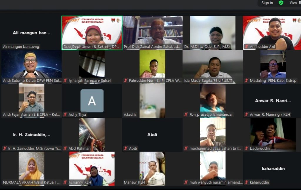 Retret DPW FBN Sulsel digelar secara daring, dihadiri Ketua Umum DPP FBN Prof Dr Ir Zainal Abidin Sahabuddin, Ketua Harian DPP FBN FBN RI, Dr M.D La Ode, Sekretaris Jendral FBN RI , Ahmad Taufik, Wakil Ketua I FBN Sulsel, Nurmala Arfah, Sekretaris FBN Sulsel, Moch Yaza Azhari Britain dan sejumlah Formatur Ketua DPD dari berbagai Daerah Kabupaten di Sulsel