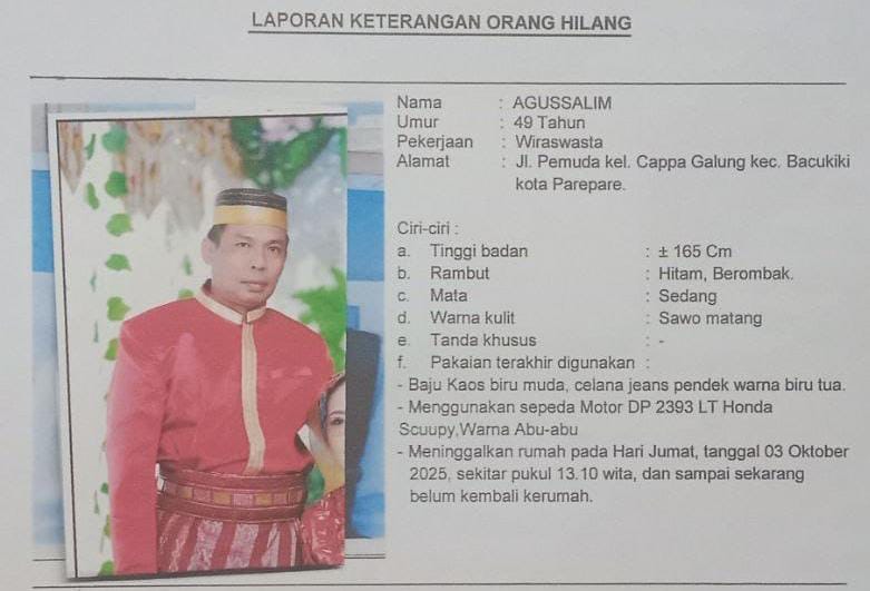 Warga Parepare Dilaporkan Hilang Selama 5 Hari, Keluarga Cemas dan Minta Bantuan