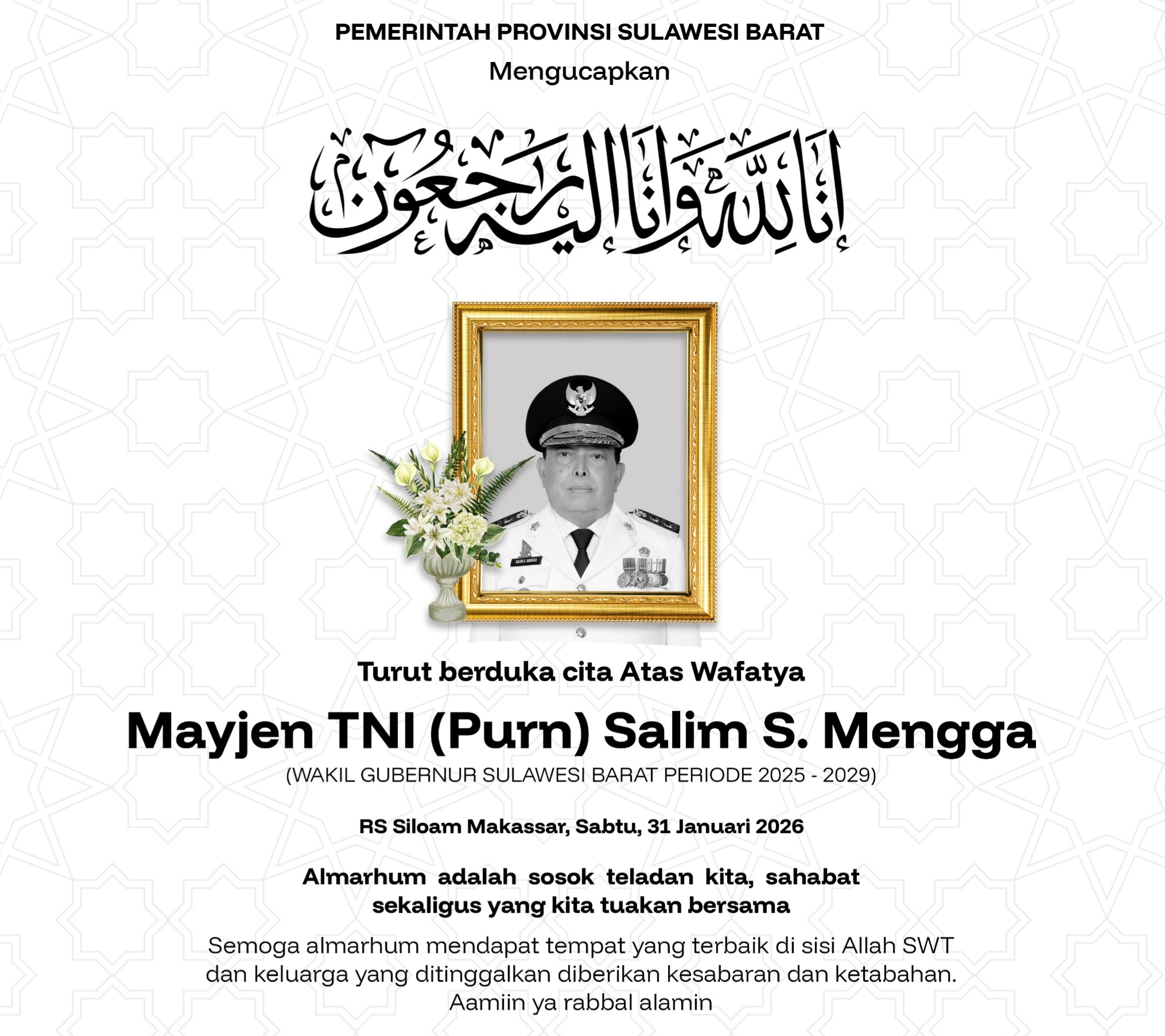 Sosok Teladan Itu Telah Pergi: Wakil Gubernur Sulbar, Salim S. Mengga, Meninggal Dunia